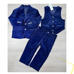 Janie and Jack Boys Blue Velvet Suit 3pc Blazer Vest Pants 2T EUC